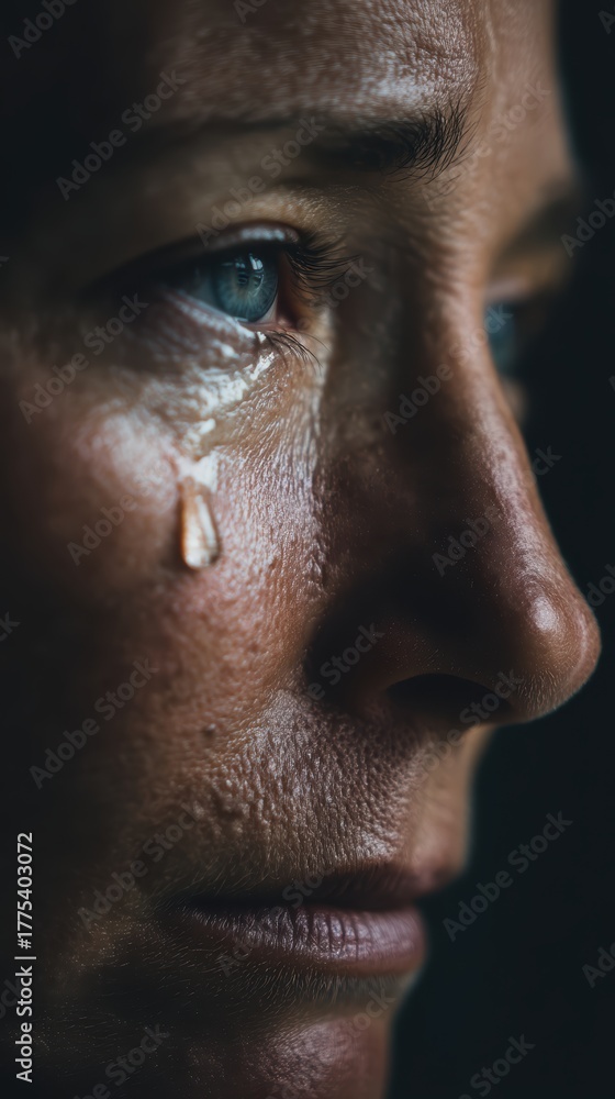 Obraz premium Single tear drop on cheek show emotional texture and vulnerability detail, depression awareness and emotional expression. Mental health sadness grief and psychological support consciousness advocacy.