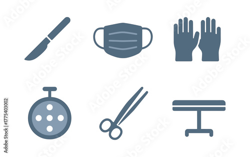 Medical equipment icons set: surgical tools and supplies in flat style