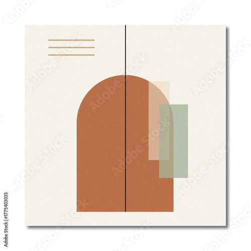 Minimalist Abstract Art Print with Terracotta Arch Shape, Geometric Overlays, and Line Elements on Grainy Neutral Background - Modern Home Decor