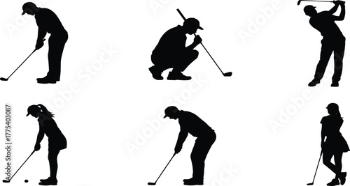 Black Silhouette Vector Set of Male and Female Golf Players in Various Poses, Illustrating the Sport, Leisure Activity, and Golf Swing Action.
