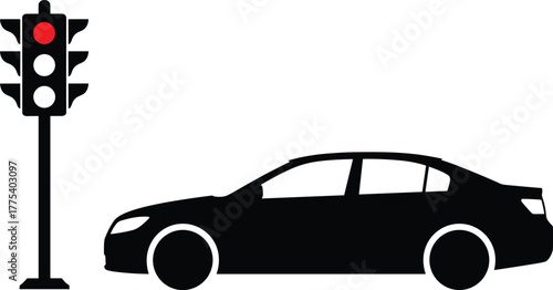 Traffic light showing red and a car silhouette red light, traffic light, red light, car, automobile, silhouette, stop, signal, traffic, road, street, intersection, transportation, vehicle, driving, sa