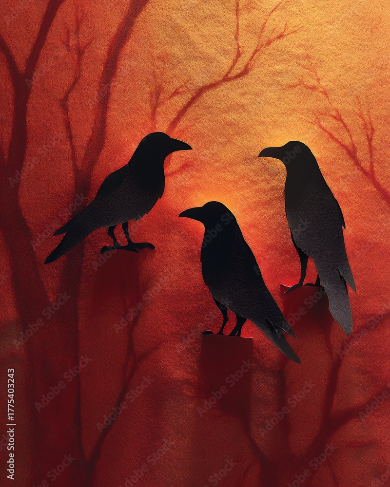 Obraz premium three crows perched in silhouette against orange sky