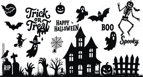 Halloween Silhouette Vector Collection, Spooky Icons Set, Haunted House, Witch, Skeleton, Pumpkin, Bat, Graveyard, and Trick or Treat Typography Elements.