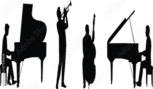 Black silhouette jazz band playing music with piano, trumpet, and double bass on stage concert performance musicians illustration classic art and entertainment vector.