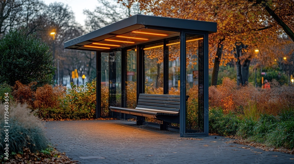 Fototapeta premium Modern bus stop at dusk, autumn leaves