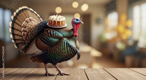 Festive fowl carrying birthday cake in celebratory stance humor whimsical thanksgiving