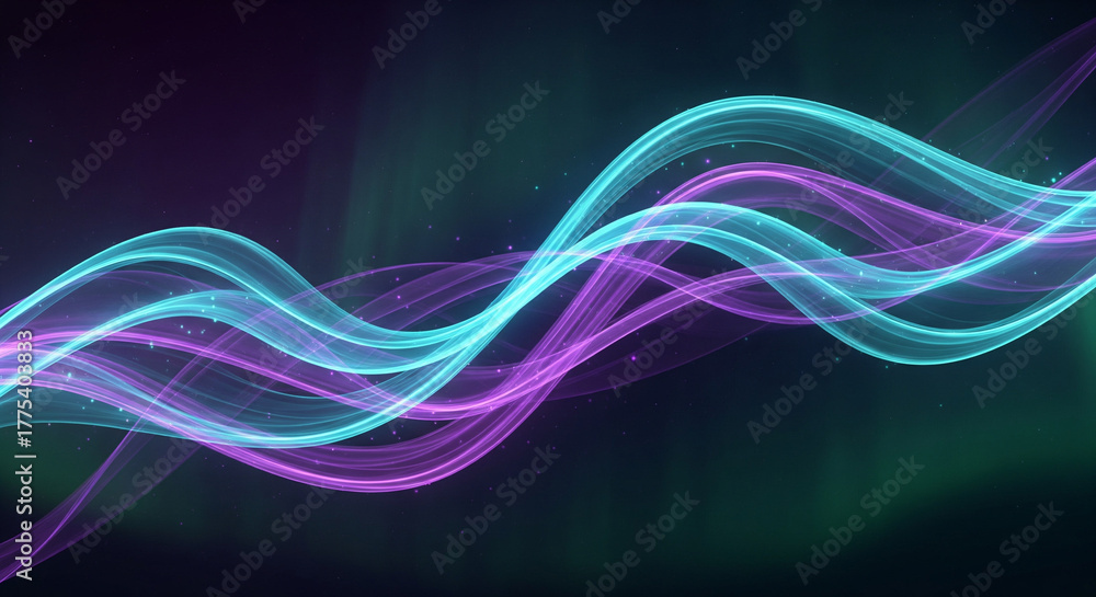 Naklejka premium aurora, abstract, light, trails, digital, glow, neon, turquoise, purple, motion, energy, waves, atmospheric, dark, gradient, futuristic, wallpaper, background, smooth, dynamic, fantasy, illumination, 