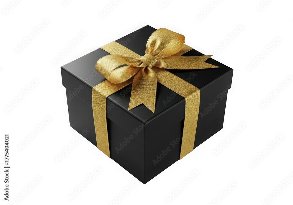 Obraz premium Black gift box with gold ribbon and bow isolated on transparent background