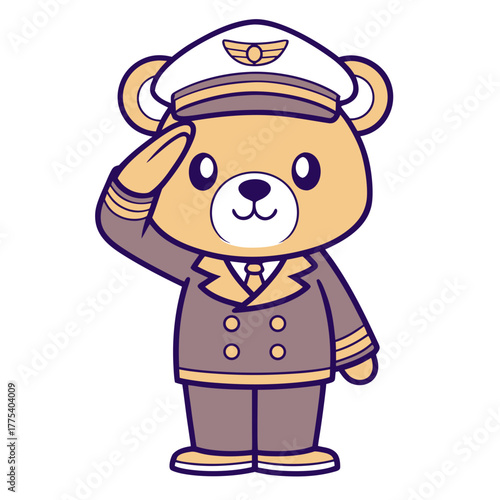 A cute cartoon pilot bear character in a captain's uniform giving a respectful salute, an adorable aviator mascot vector illustration