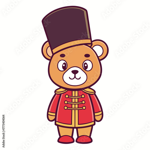 Cute cartoon teddy bear character dressed as a toy soldier guard in a festive red uniform and black hat