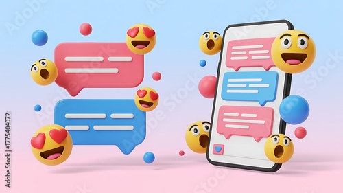 3D Smartphone with Chat Bubbles and Emojis on Gradient Background mobile Business Project Development Concept