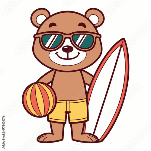 A Bear Ready for Summer Fun with Surfboard and Beach Ball