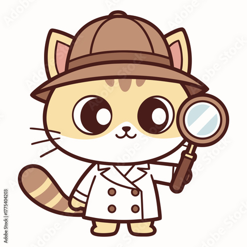 A charming feline detective character, meticulously prepared for a thrilling mystery investigation, holding a magnifying glass to uncover hidden clues and solve intriguing puzzles