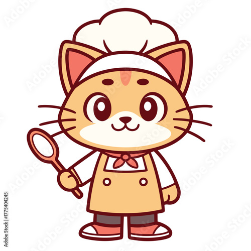 Adorable cartoon cat chef character holding a wooden spoon, ready to prepare delicious meals with a friendly smile, perfect for culinary projects and children's designs