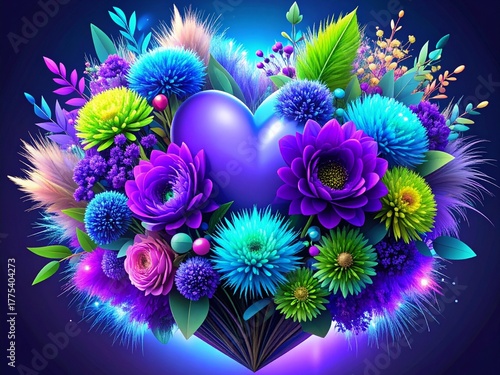 Vibrant neon floral heart bouquet, digital art illustration