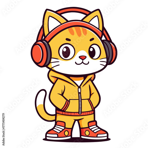 Cartoon cat enjoying music with headphones, wearing stylish outfit, smiling and happy, a cute feline icon