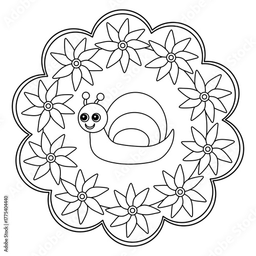 mandala coloring page, coloring book; snail with floral background