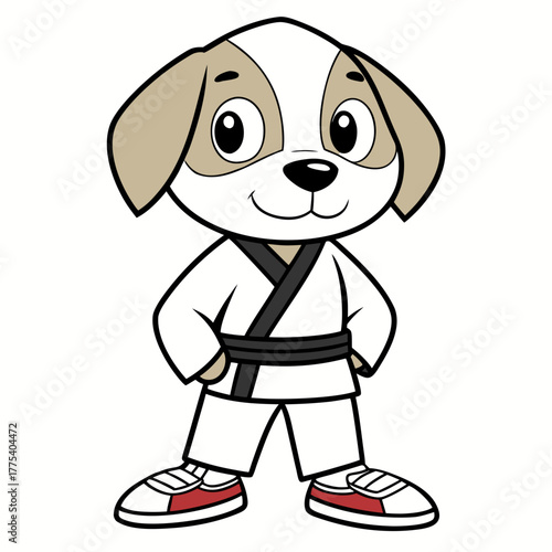 Cute cartoon dog character in white martial arts gi with black belt, showing discipline and playful determination for children's sports and activity themes