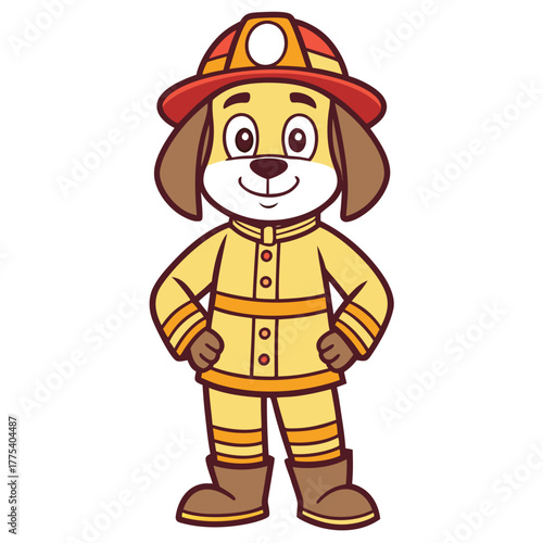Friendly puppy firefighter character in a yellow uniform. Adorable animal professional mascot design isolated on a white background