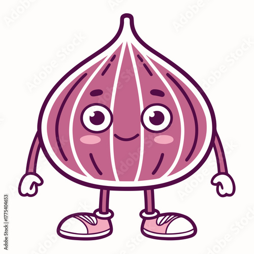 A charming and whimsical cartoon garlic bulb character, smiling happily with tiny arms and legs, wearing cute shoes, rendered in a cheerful flat vector illustration