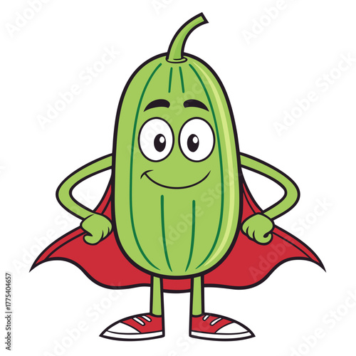A green superhero cucumber character wearing a red cape and red shoes standing in a heroic pose, with a big smile