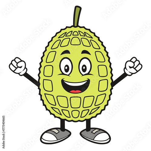 Cheerful Jackfruit Cartoon Character with a Happy Smile and Upraised Fists