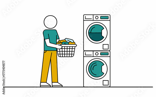 Laundry Day Illustration of Person Holding Laundry Basket Next to Stacked Washer Dryer Appliance Minimalist Style