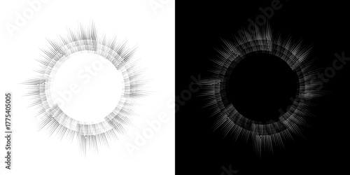 Dynamic abstract spiral sound wave rhythm lines. Circular spiral sound wave rhythm of lines. Circular futuristic abstract lines, black and white background.	