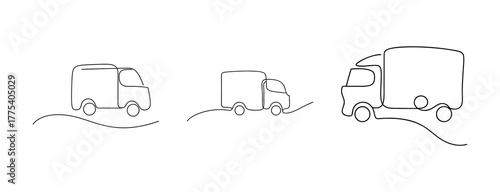 Collection of three simple line art garbage trucks driving