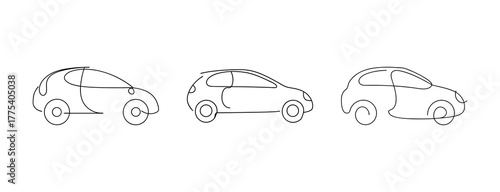 Three detailed line drawings of hatchback cars showing different angles and designs