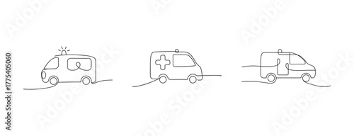 Emergency ambulance vehicles line art graphics for medical transport and rescue services