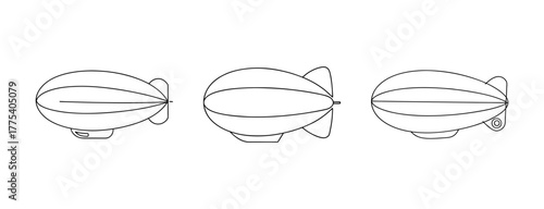 Three distinct line drawings of a blimp showcasing different angles and perspectives
