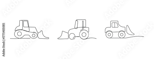 Three different bulldozers construction equipment line art style set