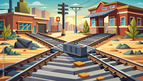 Very beautiful detailed view of railroad track repairs in Emporia, Kansas, USA, showing welded joints, metal textures, and date markings at the main Commercial Street crossing.