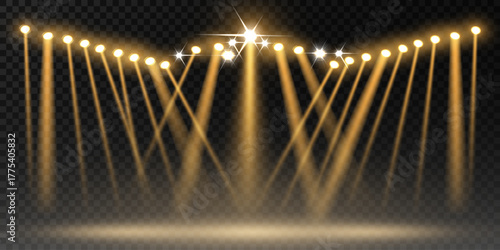 Stage lighting with golden spotlights and sparkles