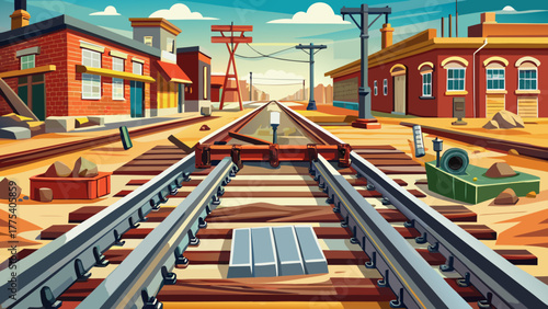 Very beautiful detailed view of railroad track repairs in Emporia, Kansas, USA, showing welded joints, metal textures, and date markings at the main Commercial Street crossing.