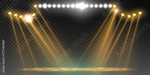 Stage lighting with golden spotlights and sparkles