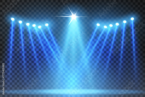 Bright blue concert spotlights create the effect of shining stars on the stage.