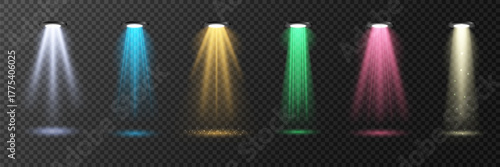 Realistic colorful spotlights with light beams on transparent background