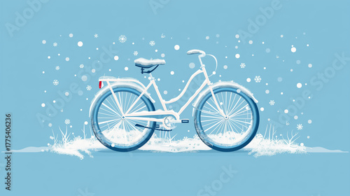 Vintage bicycle covered in snow against a soft blue background  