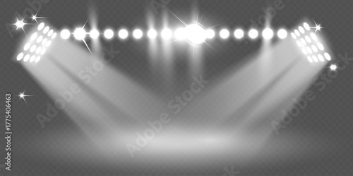Realistic stage spotlights with bright beams and reflections on transparent background
