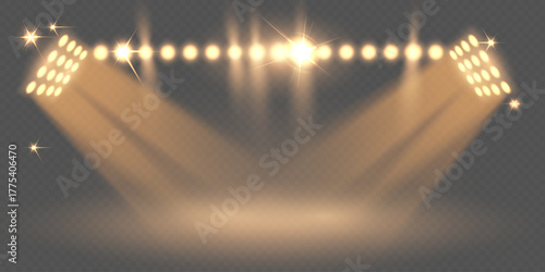 Realistic stage spotlights with bright beams and reflections on transparent background
