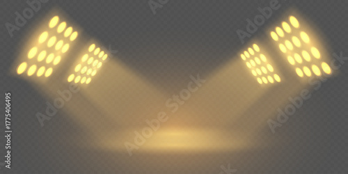 Realistic stage spotlights with bright beams and reflections on transparent background