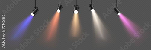 Hanging studio spotlights illuminating stage area