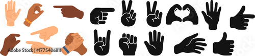 Hand Gestures Icons Set with Diverse Skin Tones and Silhouettes