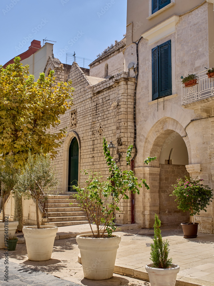 Fototapeta premium Chiesa di Sant'Andrea, Chuch of Sant Andrea and an old stone archaway in Trani. Province of Barletta-Andria-Trani, Apulia, Puglia, Italy, Europe