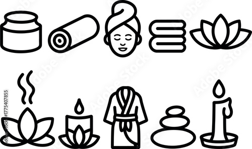 Spa treatment outline icons set for relaxation and wellness