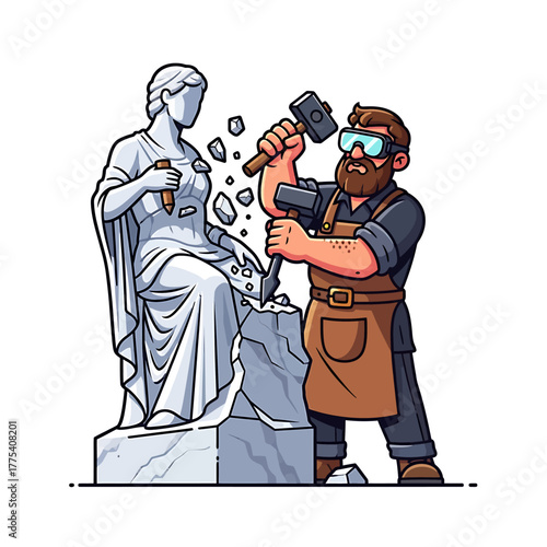 Cartoon illustration of a sculptor chiseling a statue with a hammer and chisel, wearing safety goggles.