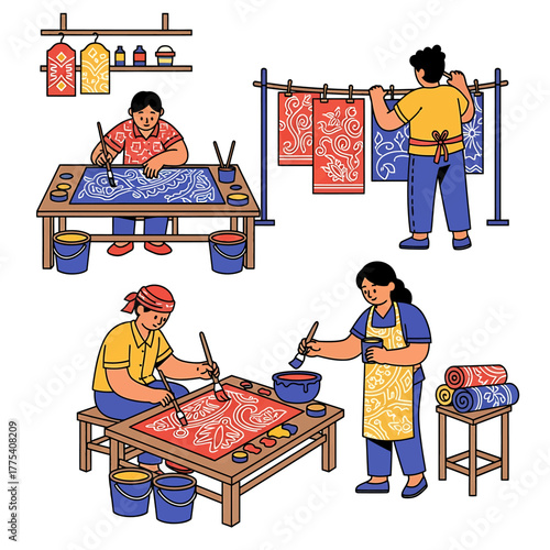 Artisans meticulously crafting intricate patterns on textiles using brushes and dyes in a traditional workshop setting.