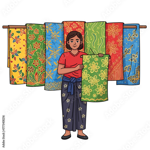 Woman selling colorful batik fabrics with floral patterns at a market stall.